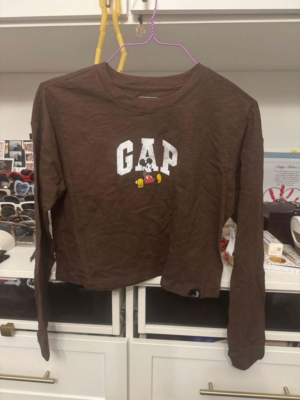 GAP Brown Long-Sleeve Crop Top with Mickey Graphic